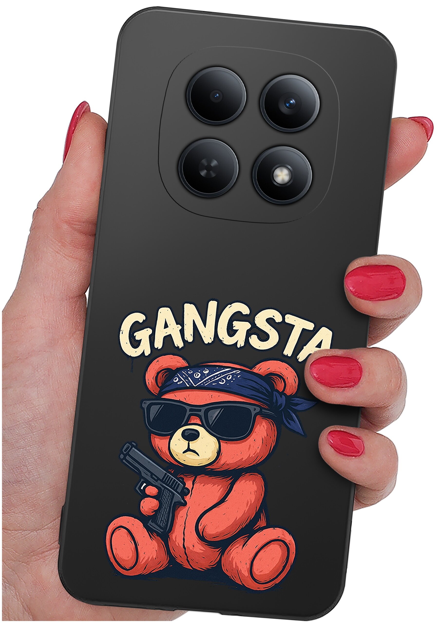 Etui na telefon z nadrukiem misia w okularach przeciwsłonecznych i bandanie, trzymającego pistolet. Nad misiem widnieje napis \'GANGSTA\'.