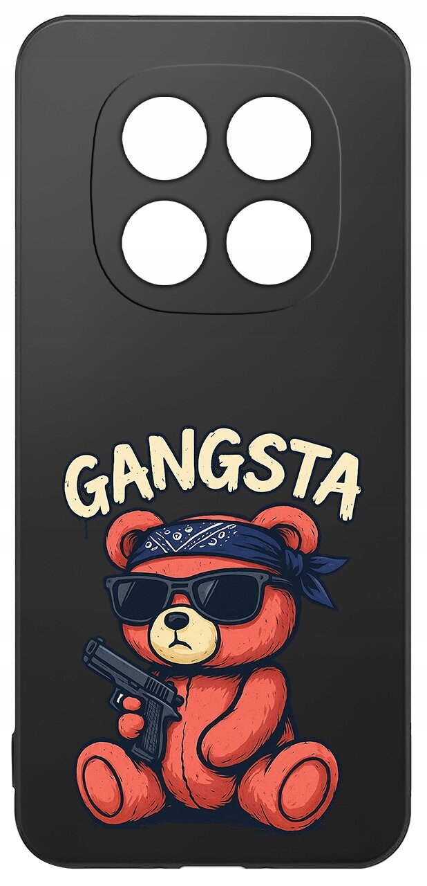 Czarne etui z nadrukiem misia w okularach przeciwsłonecznych, trzymającego pistolet, z napisem \'GANGSTA\'.