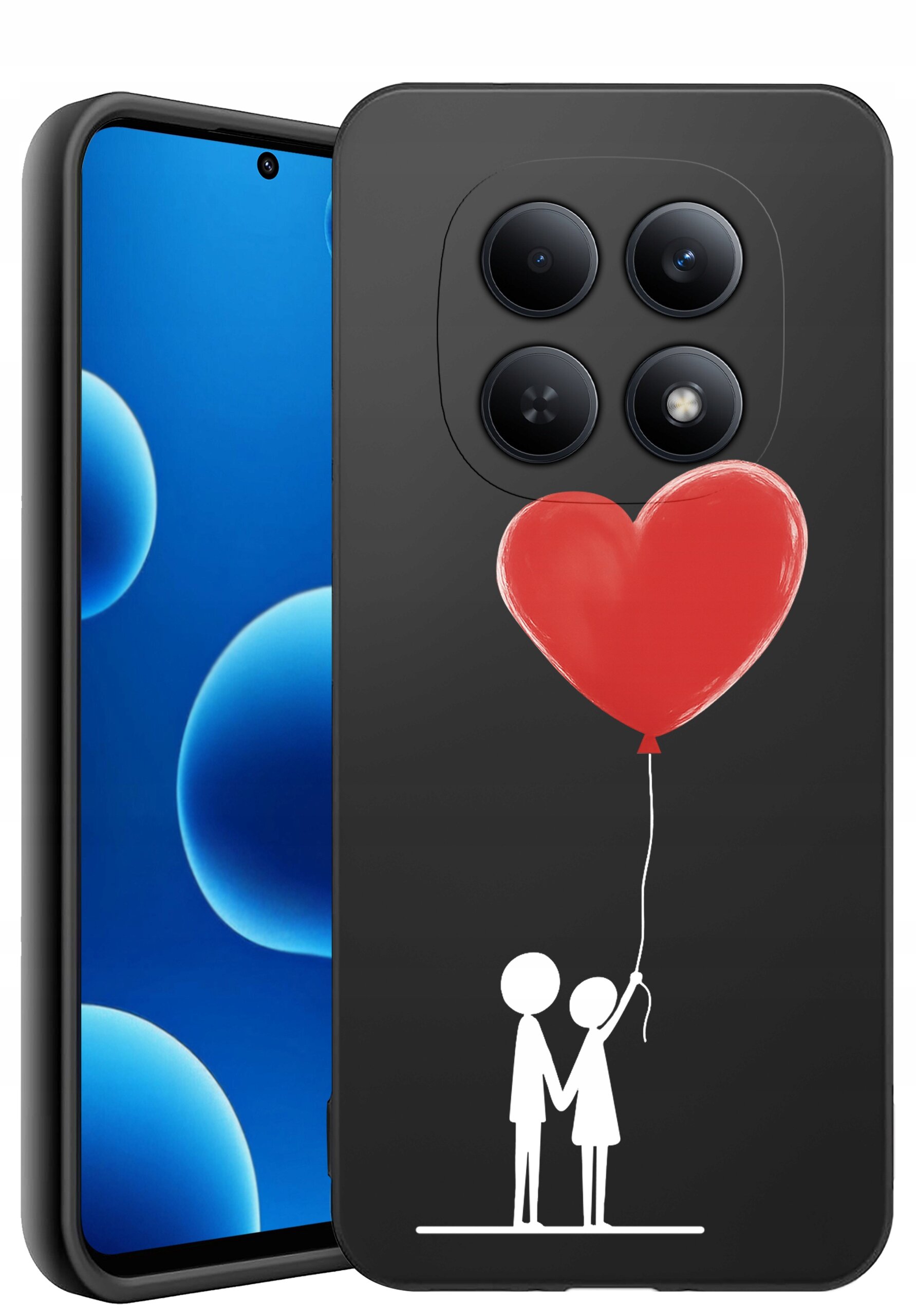 Etui na telefon z czarnym tłem, na którym widnieje grafika dwóch postaci trzymających czerwony balon w kształcie serca. Obok etui widoczny jest telefon z niebieskim ekranem z okrągłymi kształtami.