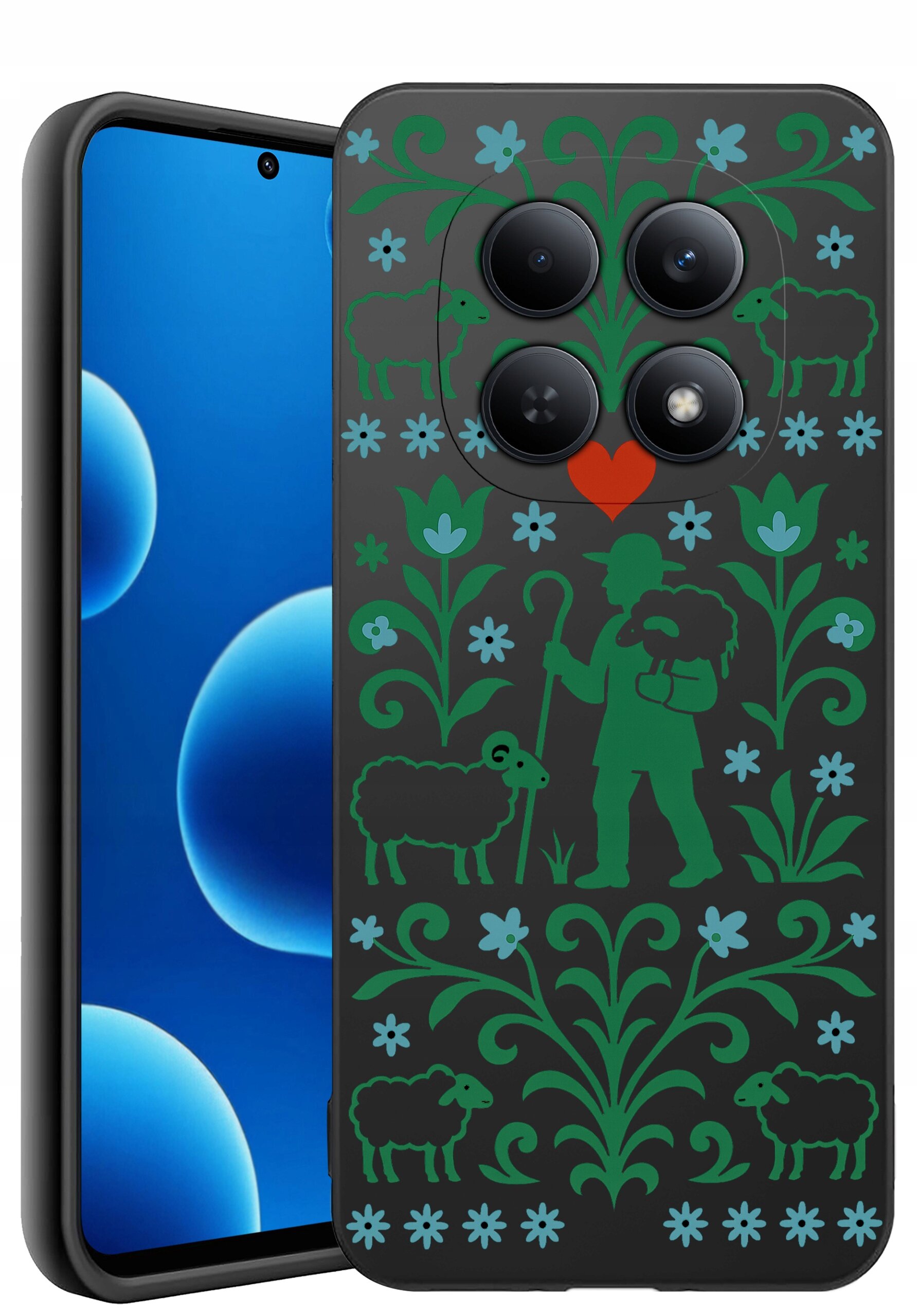 Etui na telefon z wzorem przedstawiającym pasterza z owcami, otoczonego zielonymi roślinami i kwiatami na ciemnym tle. Wzór zawiera również czerwone serce i cztery otwory na aparaty.