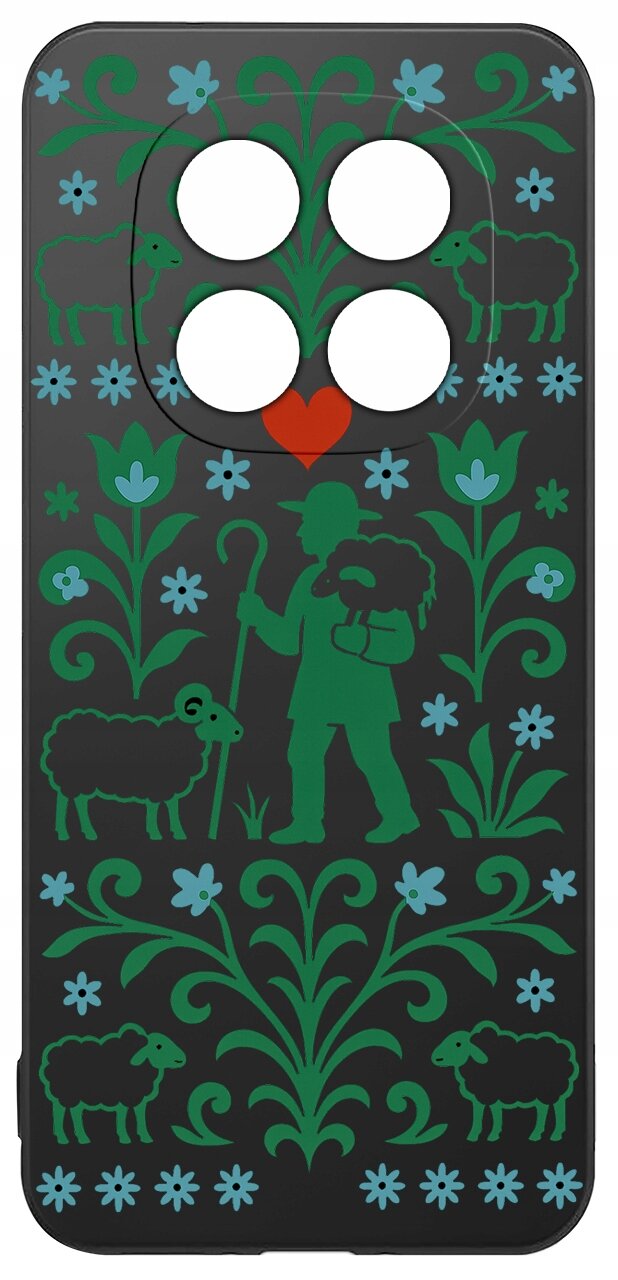 Etui na telefon z motywem pasterza z owcami, otoczonego zielonymi roślinami i niebieskimi kwiatami na czarnym tle. W górnej części znajduje się czerwone serce pod otworami na aparat.