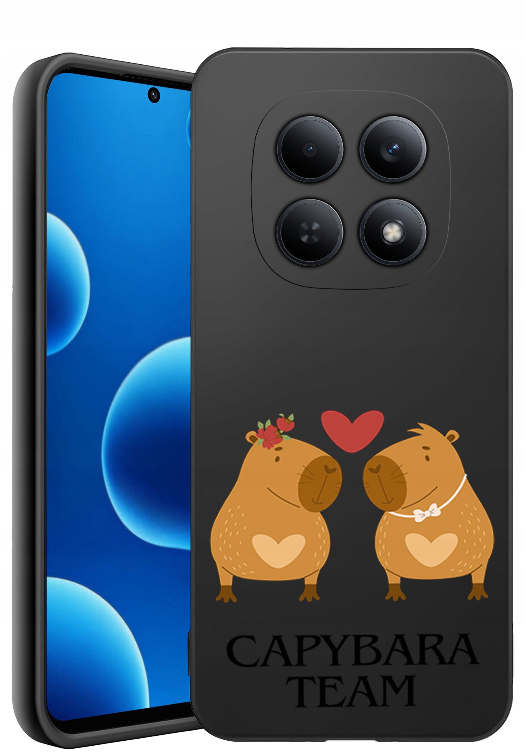 Etui na telefon z grafiką dwóch kapibar z sercem pomiędzy nimi oraz napisem \'CAPYBARA TEAM\'.