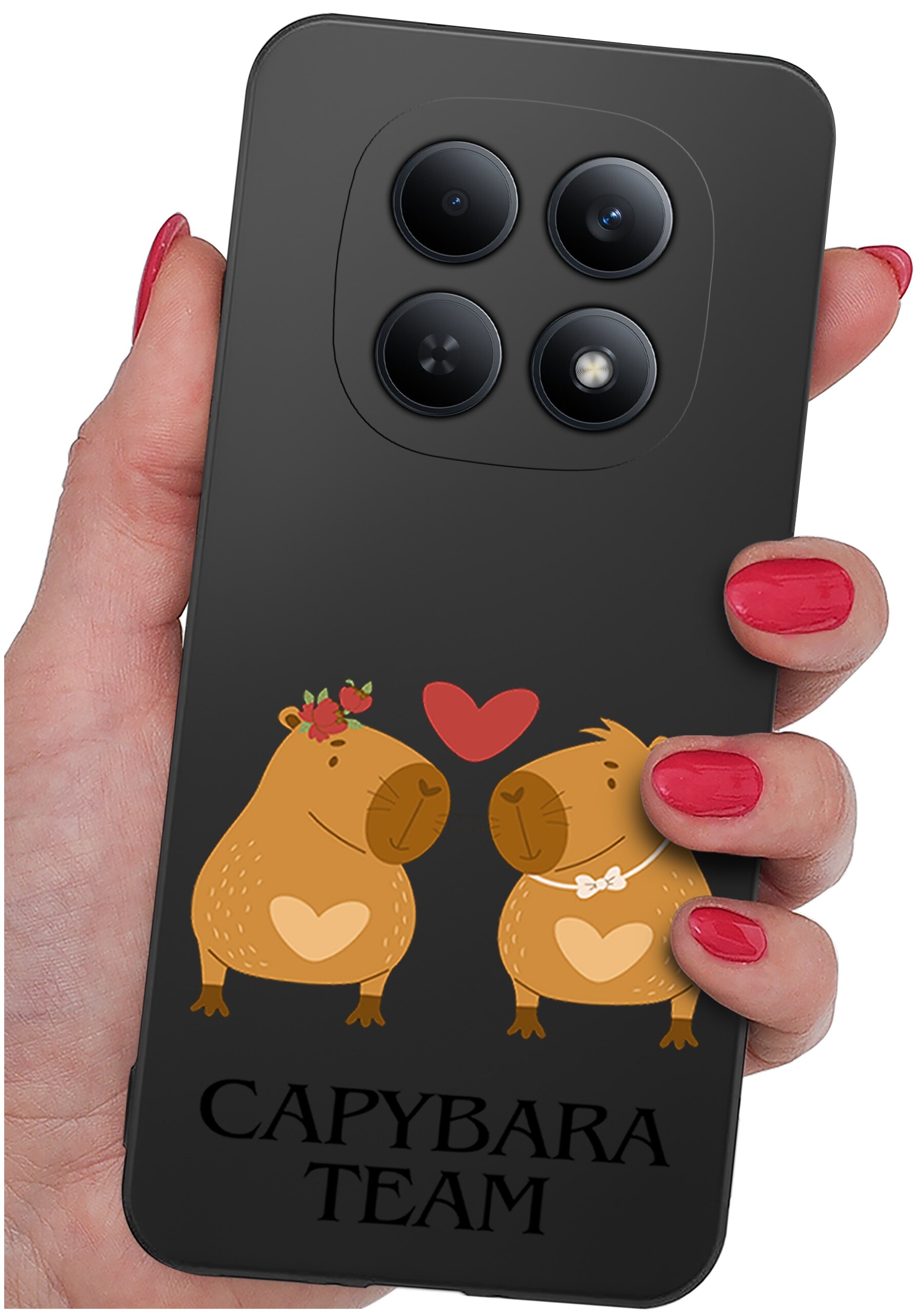 Czarna obudowa telefonu z grafiką dwóch kapibar z sercami i napisem \'CAPYBARA TEAM\'.