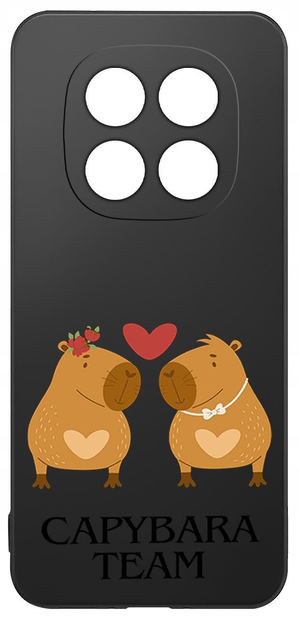 Czarne etui z grafiką dwóch kapibar z sercami na brzuchach, nad którymi unosi się czerwone serce. Na dole widnieje napis \'CAPYBARA TEAM\'.
