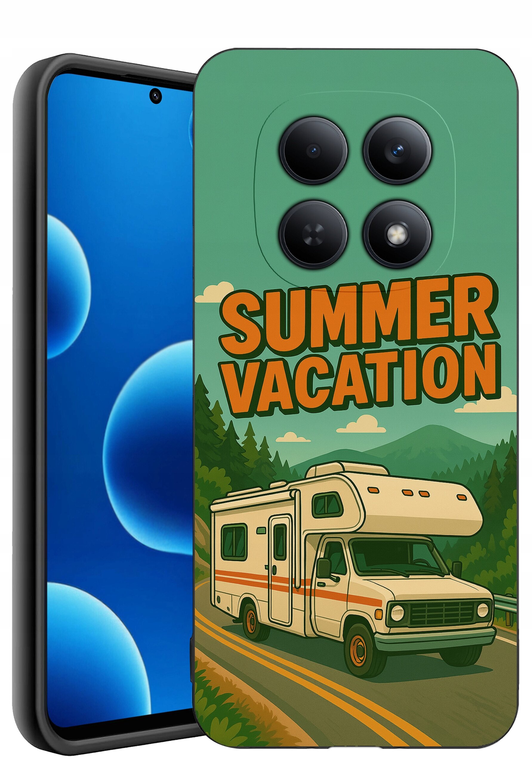 Etui na telefon z grafiką przedstawiającą kampera na drodze w otoczeniu gór i lasów oraz napisem \'SUMMER VACATION\'.