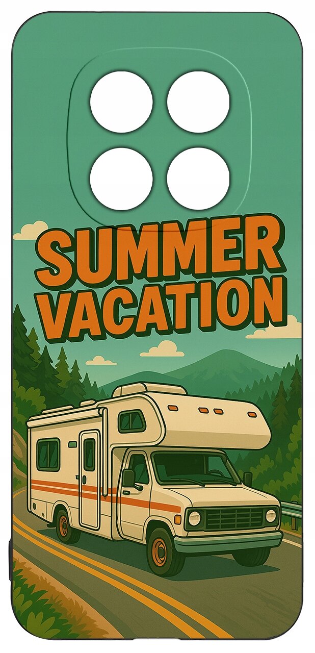 Etui na telefon z grafiką przedstawiającą kampera na drodze w otoczeniu gór i lasów oraz napisem \'SUMMER VACATION\'.