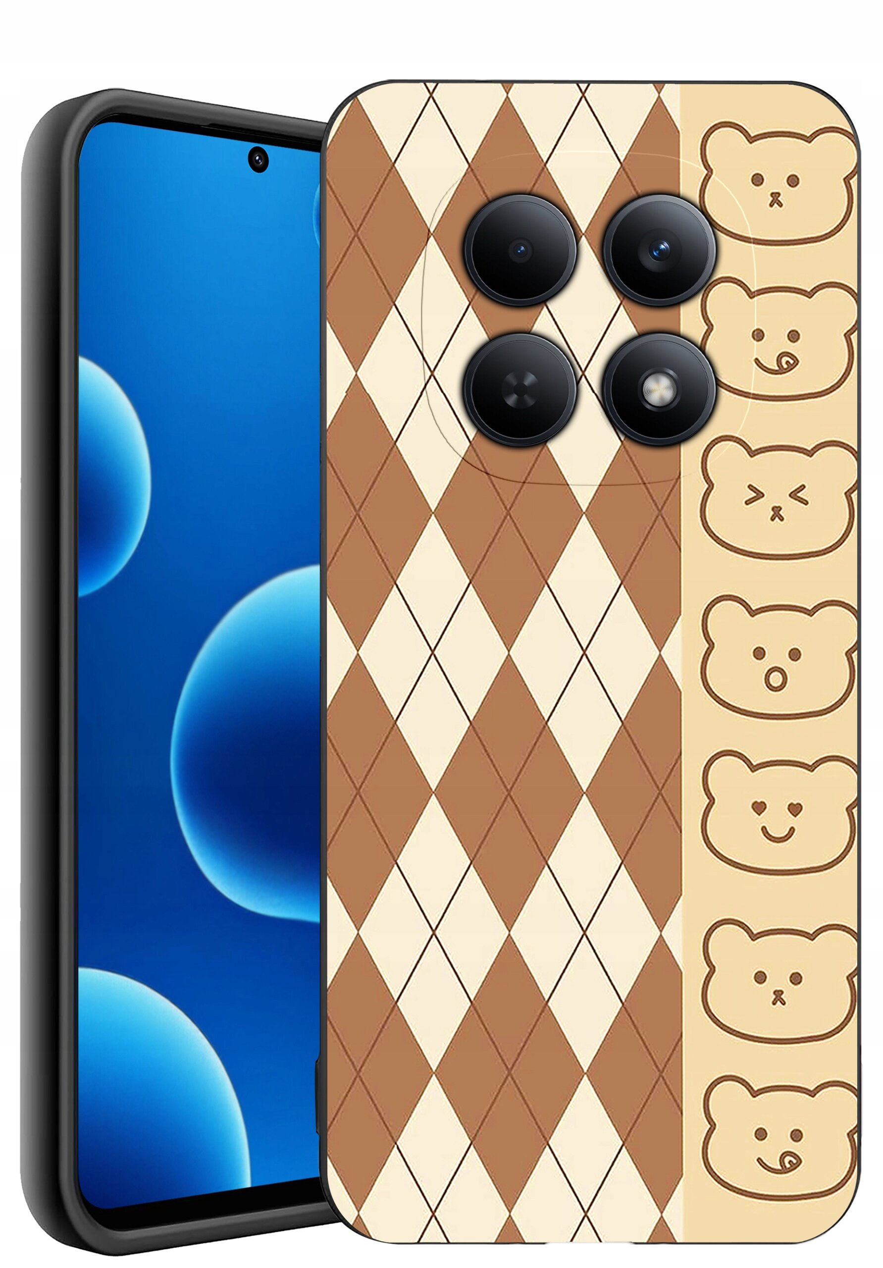 Etui na telefon z wzorem w romby w kolorach brązowym i beżowym oraz rzędem rysunków misiów po boku. Telefon ma ekran z niebieskim tłem i widoczną kamerą przednią.