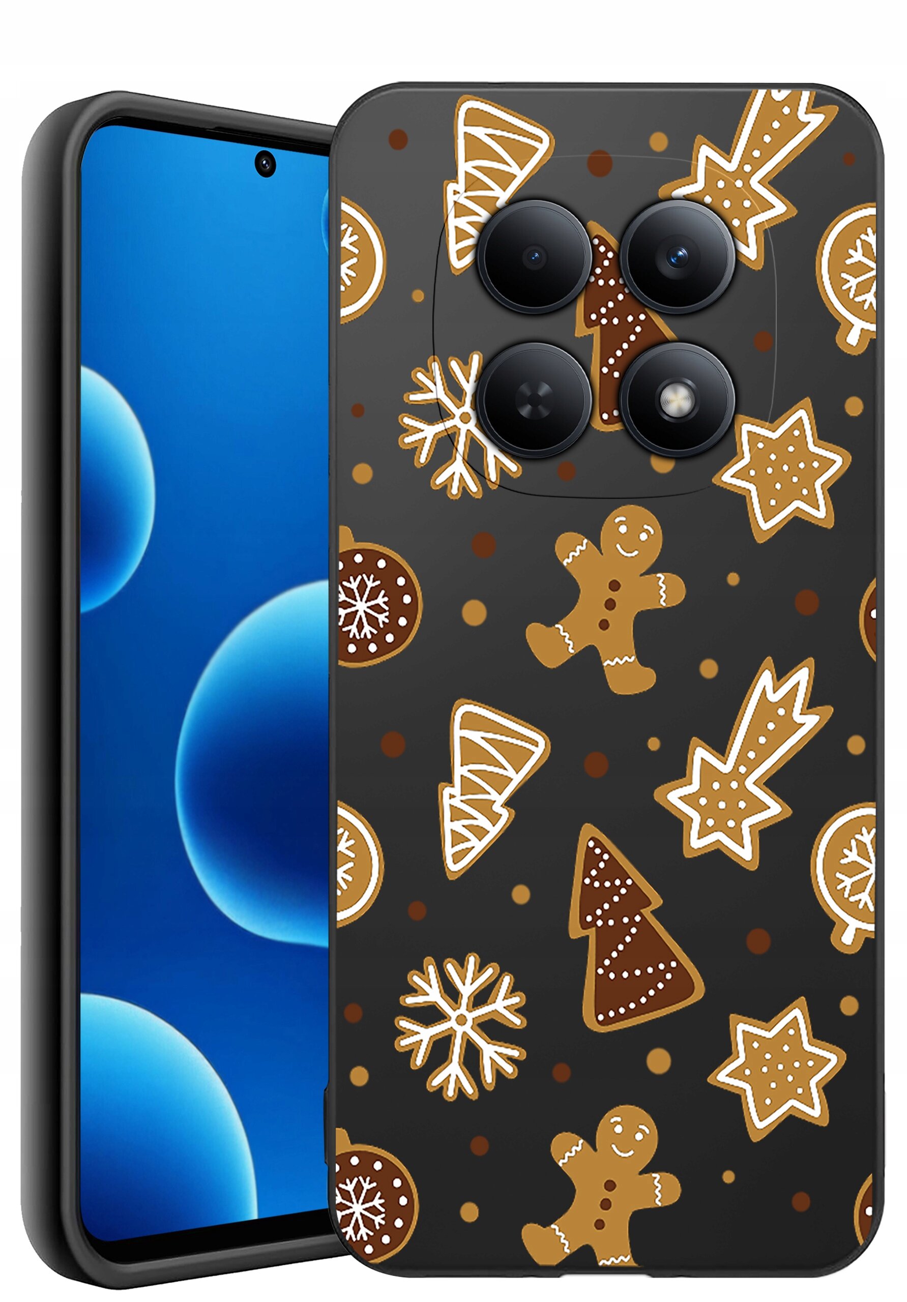 Etui na telefon z motywem świątecznych pierników, w tym ludzików, choinek i gwiazdek, na ciemnym tle. Telefon ma ekran z niebieskimi okręgami i przednią kamerą w górnej części.