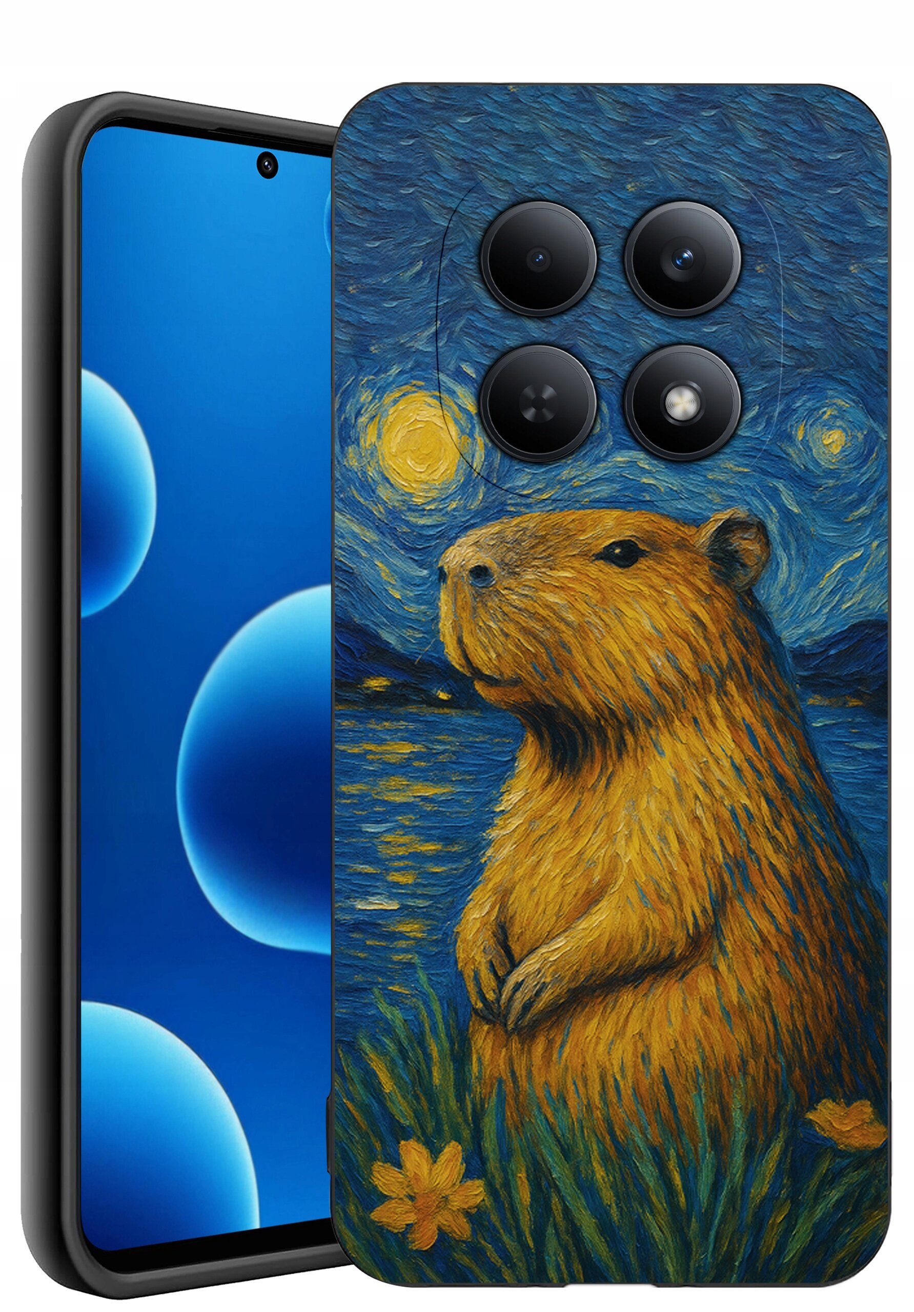 Etui na telefon z nadrukiem kapibary na tle nocnego nieba w stylu malarskim, z widocznymi czterema otworami na aparat. Obok etui widoczny jest telefon z wyświetlaczem pokazującym niebieskie okręgi na czarnym tle.