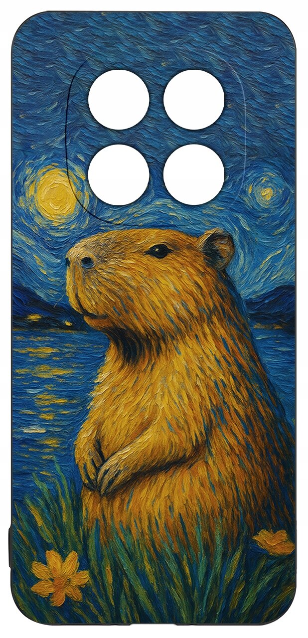 Etui na telefon z nadrukiem kapibary na tle nocnego nieba w stylu malarskim, z widocznymi czterema otworami na aparat.