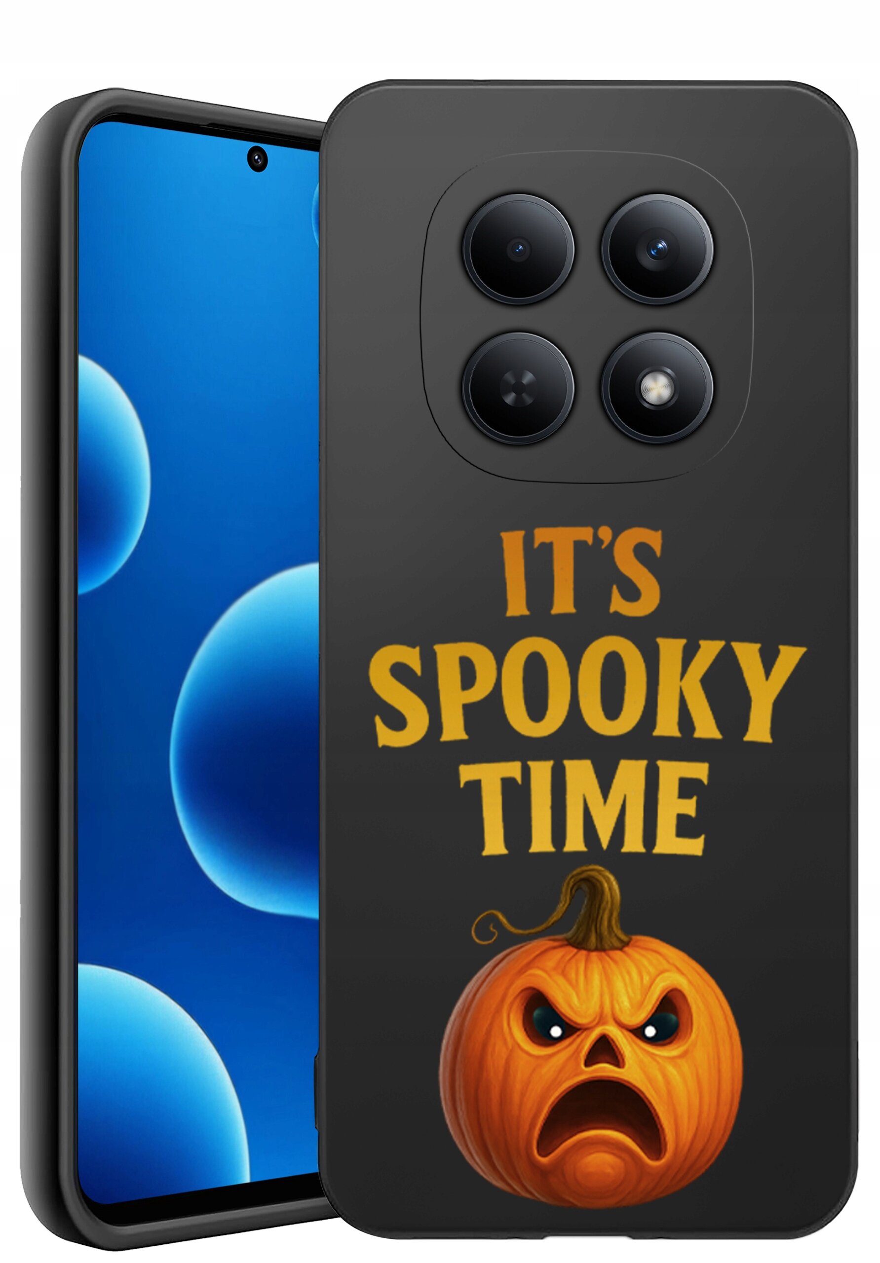 Etui na telefon z napisem \'IT\'S SPOOKY TIME\' oraz grafiką dyni o wyrazistej mimice. W tle widoczny jest ekran telefonu z niebieskim motywem.