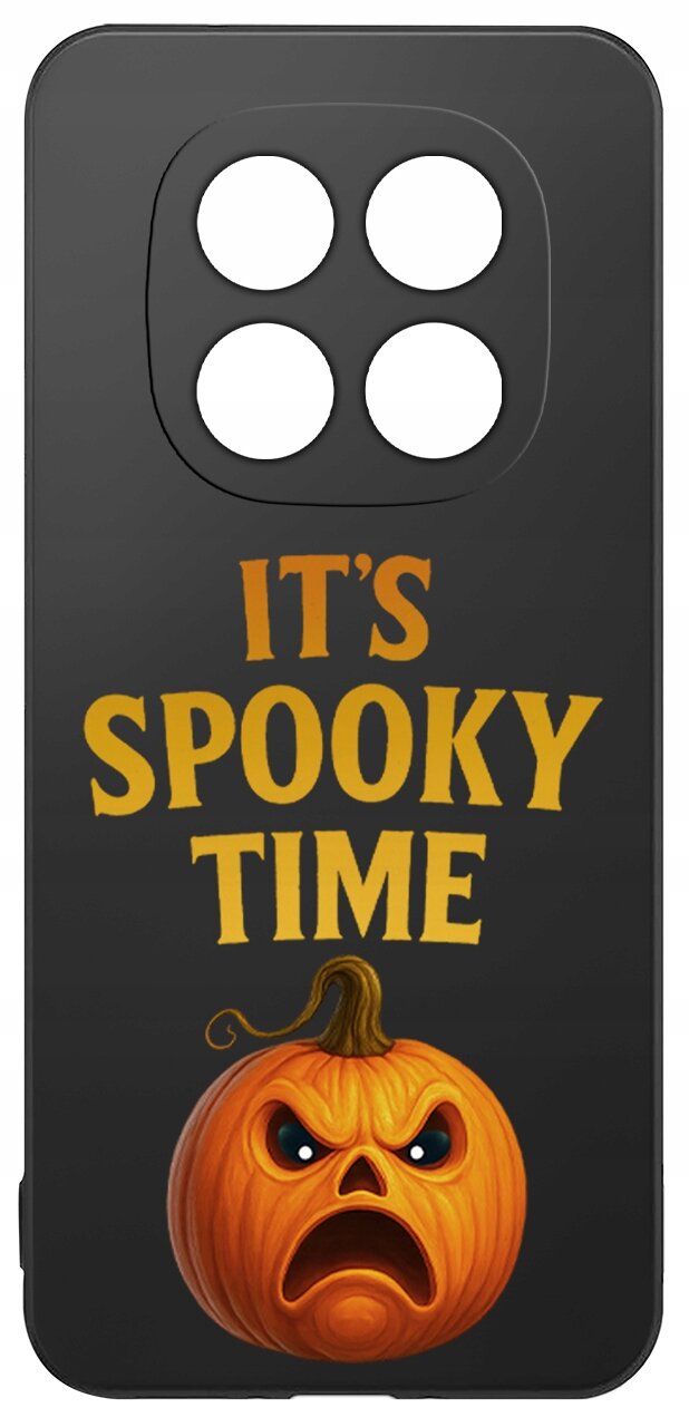 Czarne etui z napisem \'IT\'S SPOOKY TIME\' oraz grafiką dyni z wyrazem twarzy wyrażającym zaskoczenie lub strach. Etui posiada cztery otwory na aparat.