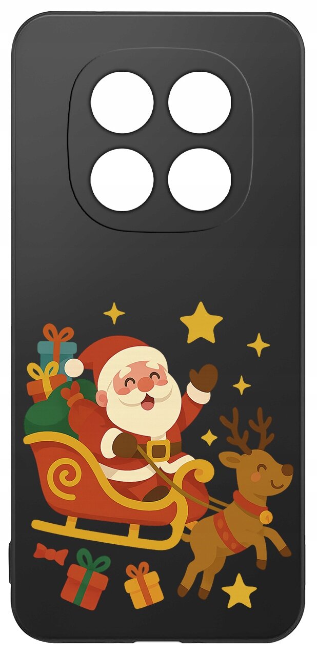 Etui na telefon z motywem świątecznym przedstawiającym Mikołaja w saniach ciągniętych przez renifera, otoczonego gwiazdkami i prezentami. Etui ma czarny kolor z wycięciem na aparat.