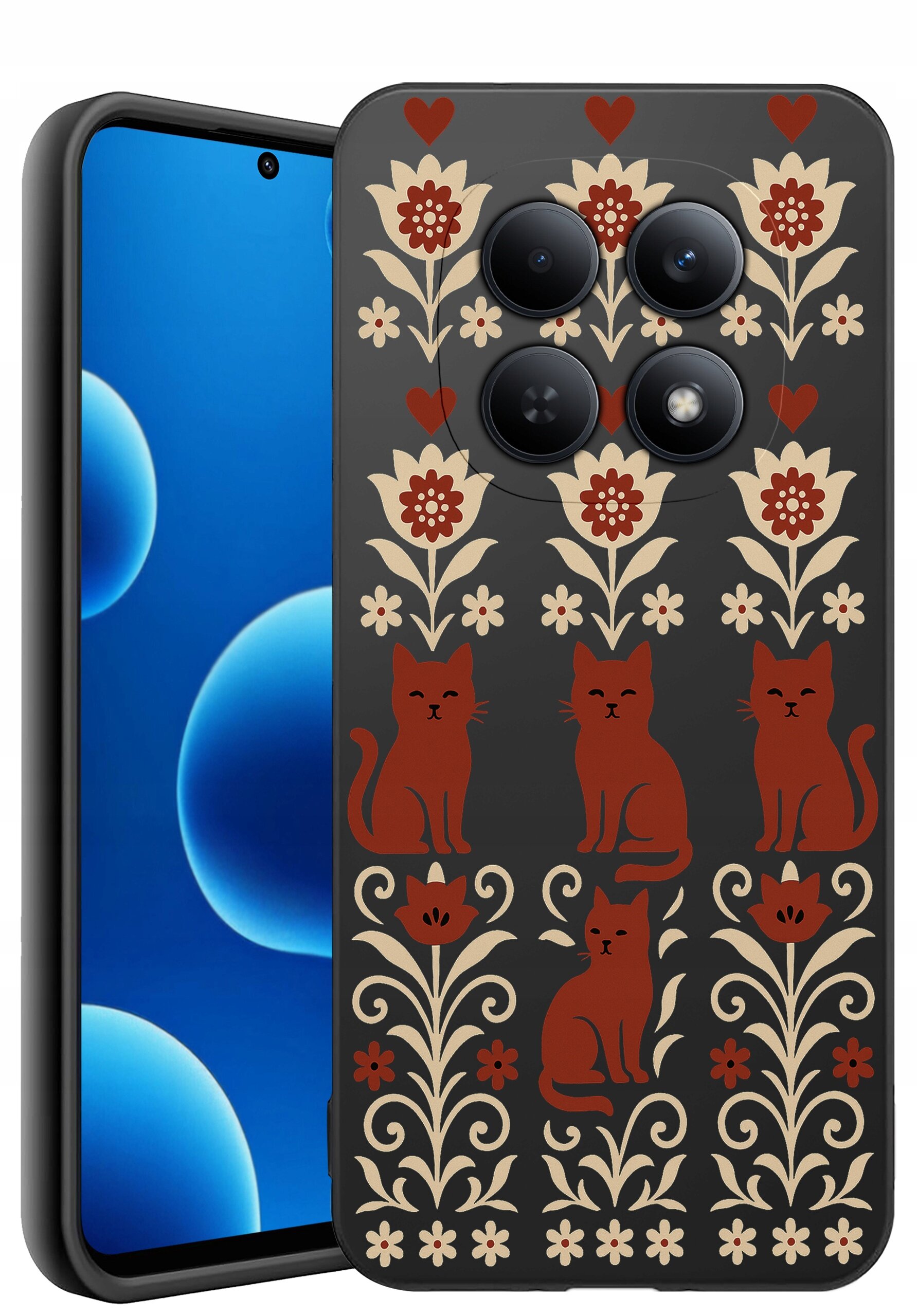 Etui na telefon z wzorem przedstawiającym czerwone koty i kwiaty na ciemnym tle. Obok etui widoczny jest telefon z niebieskim ekranem.