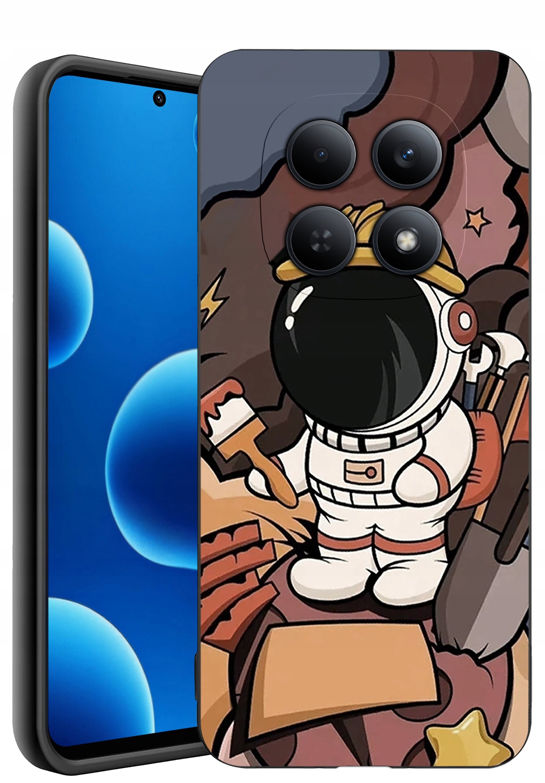 Etui na telefon z grafiką przedstawiającą astronautę w białym skafandrze, trzymającego pędzel i łopatę, na tle kolorowych elementów. Telefon obok etui ma niebieski ekran z widocznymi okręgami.