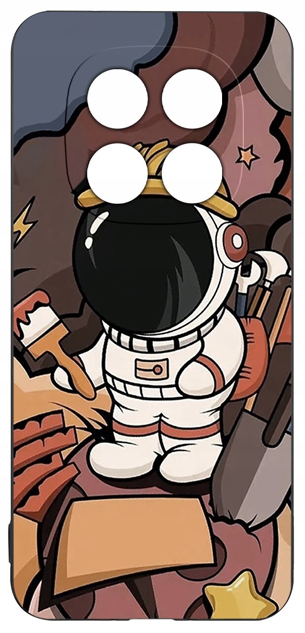 Etui z grafiką przedstawiającą astronautę w białym skafandrze, trzymającego pędzel, na tle kolorowych elementów przypominających kosmos.