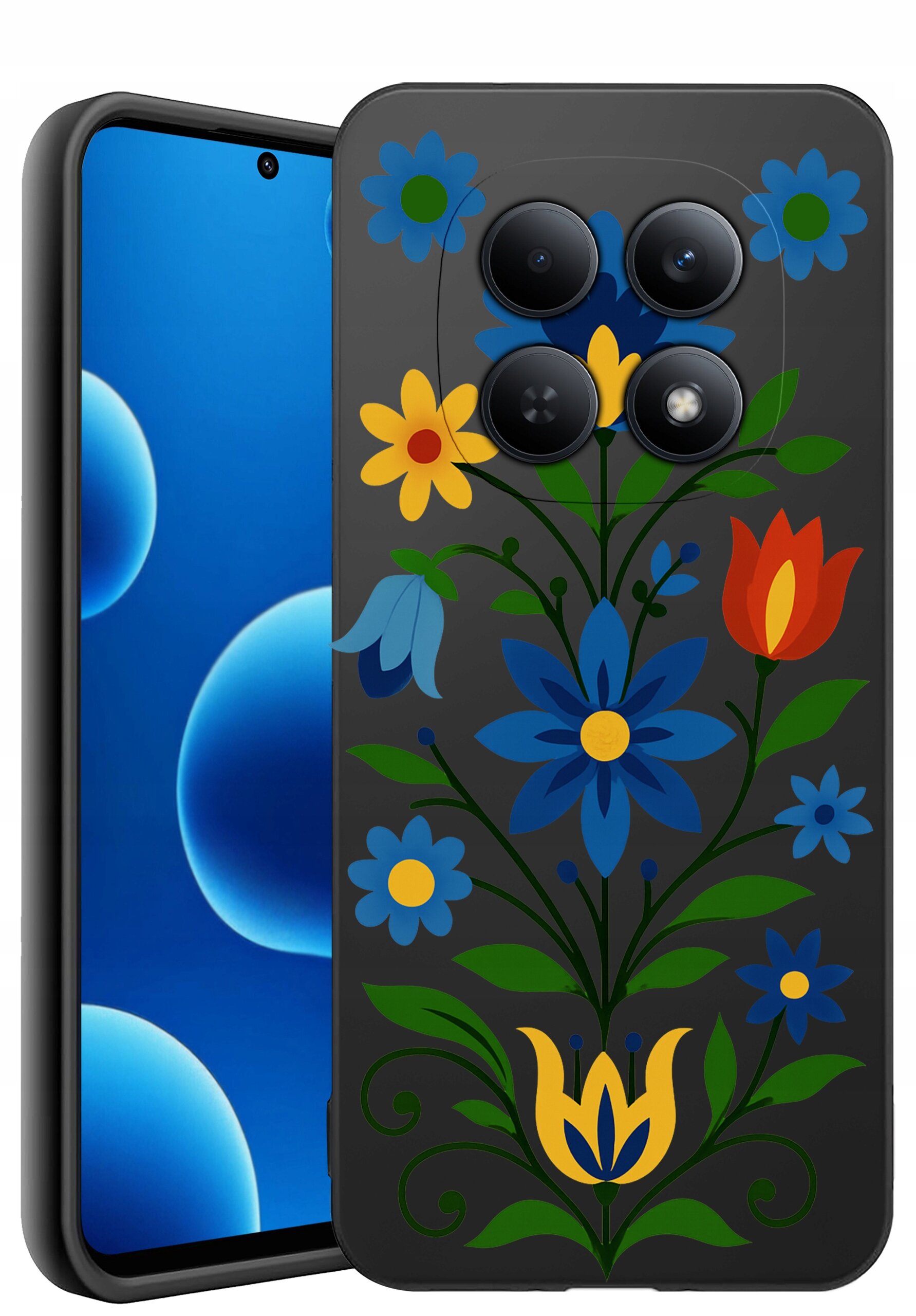Etui na telefon z kolorowym wzorem kwiatowym na ciemnym tle, z widocznymi czterema otworami na aparat. Obok etui znajduje się telefon z wyświetlaczem pokazującym niebieskie okręgi na czarnym tle.