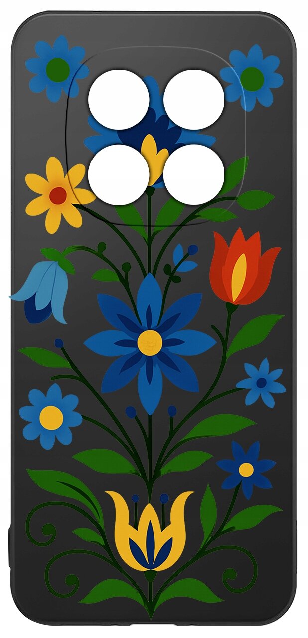 Etui na telefon z czarnym tłem ozdobione kolorowymi kwiatami w odcieniach niebieskiego, żółtego i czerwonego. W górnej części znajdują się cztery okrągłe wycięcia na aparat.
