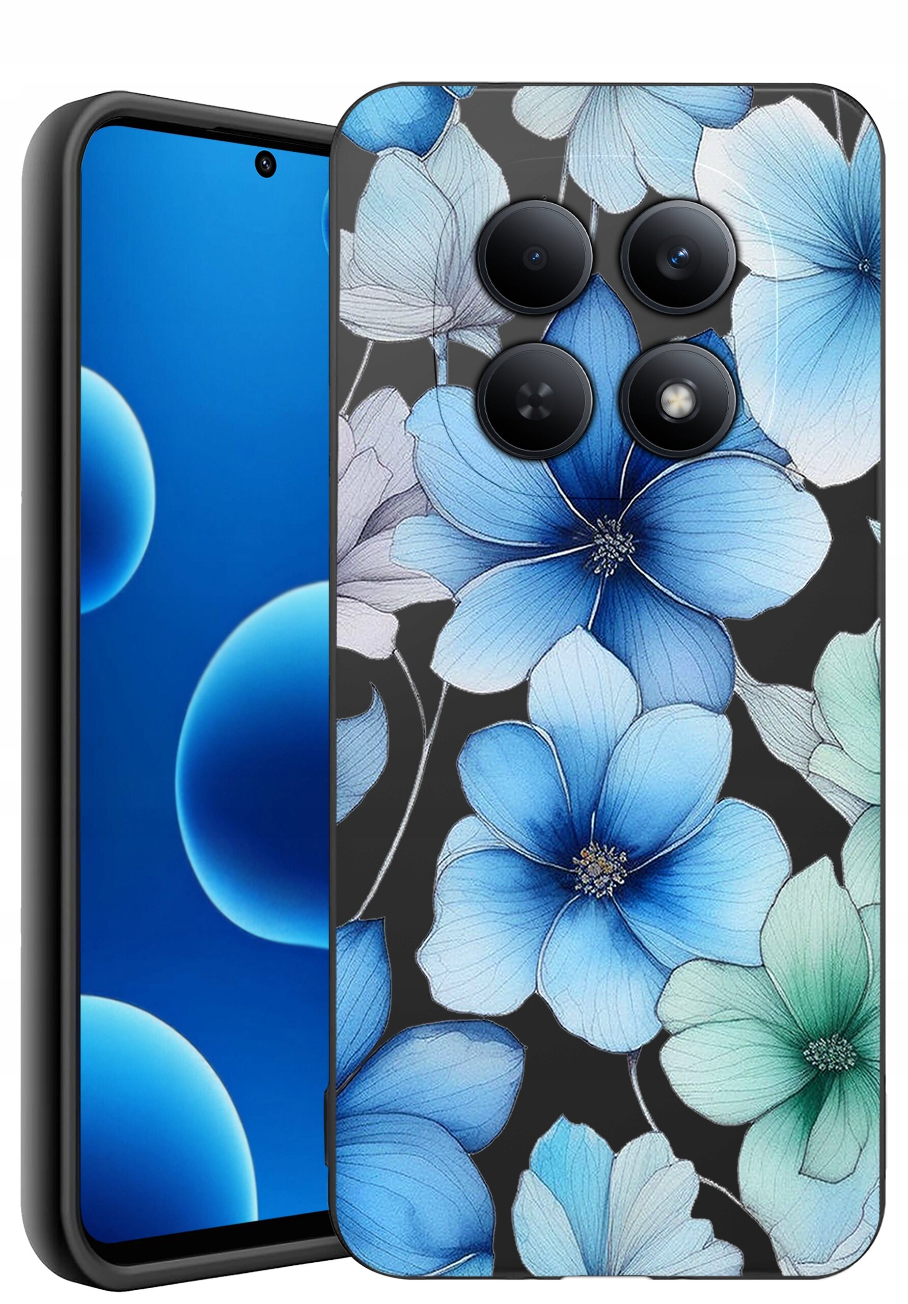 Etui na telefon z wzorem niebieskich i zielonych kwiatów na czarnym tle, z widocznymi czterema otworami na aparaty. Obok etui znajduje się telefon z niebieskim ekranem.
