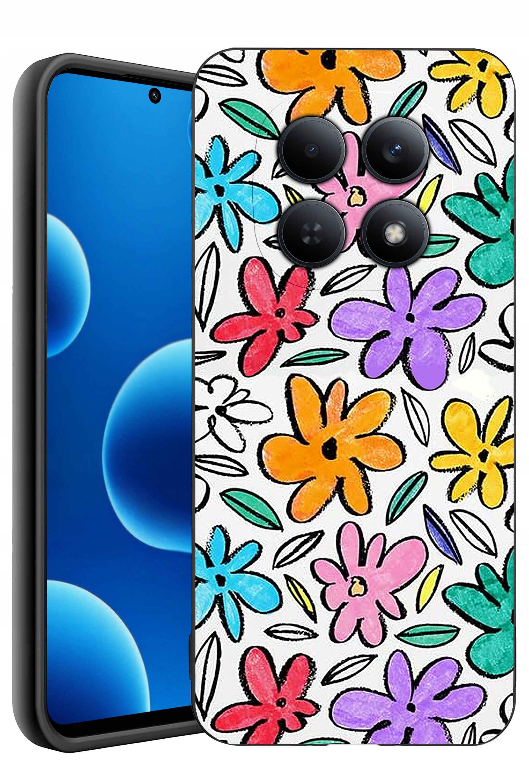 Etui na telefon z kolorowymi kwiatowymi wzorami w odcieniach pomarańczowego, czerwonego, fioletowego, niebieskiego i zielonego na białym tle. Widoczne są cztery otwory na aparaty fotograficzne.