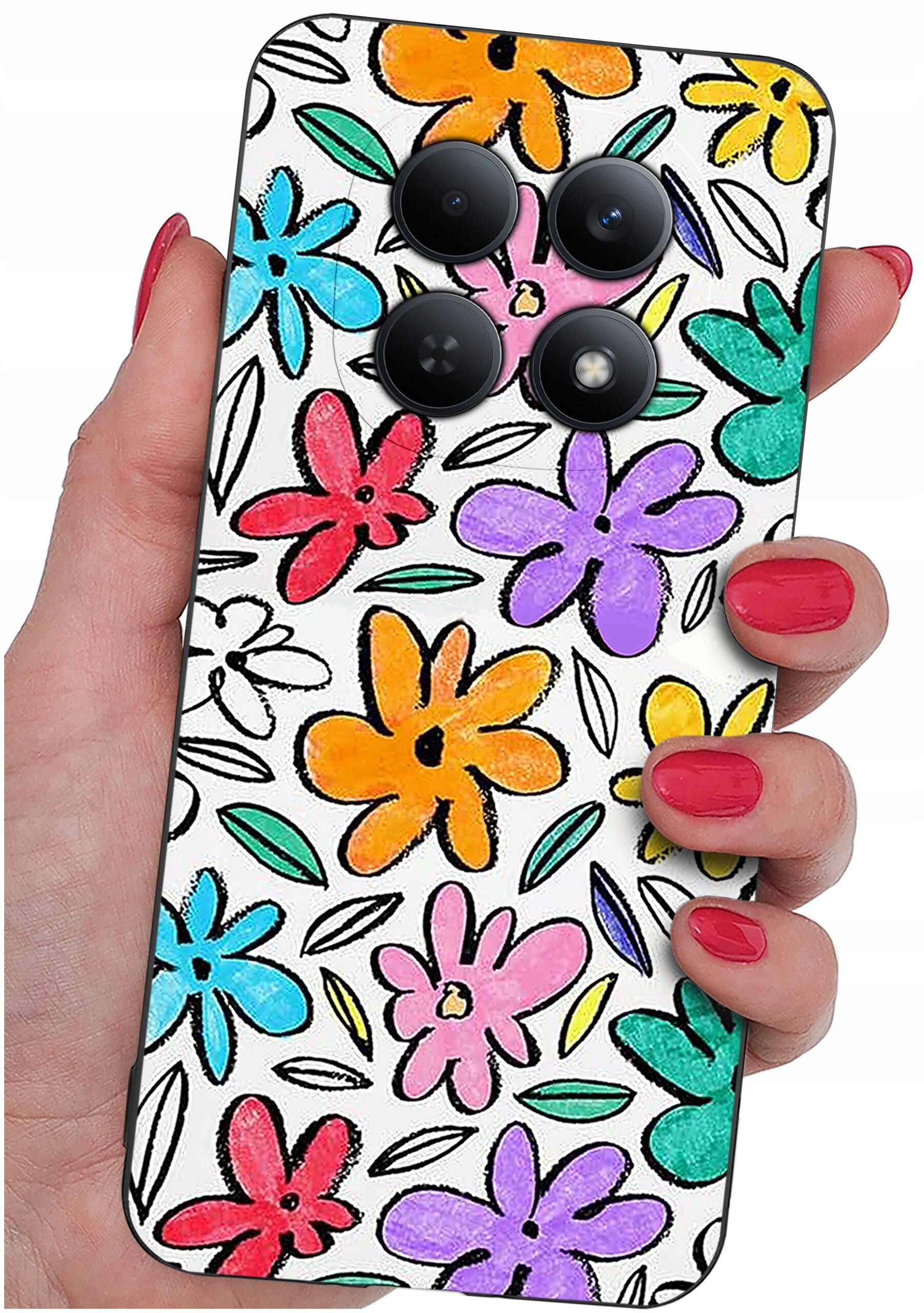 Etui na telefon z kolorowym wzorem kwiatów w różnych odcieniach, trzymane w dłoni z pomalowanymi na czerwono paznokciami. Etui posiada wycięcia na cztery obiektywy aparatu.