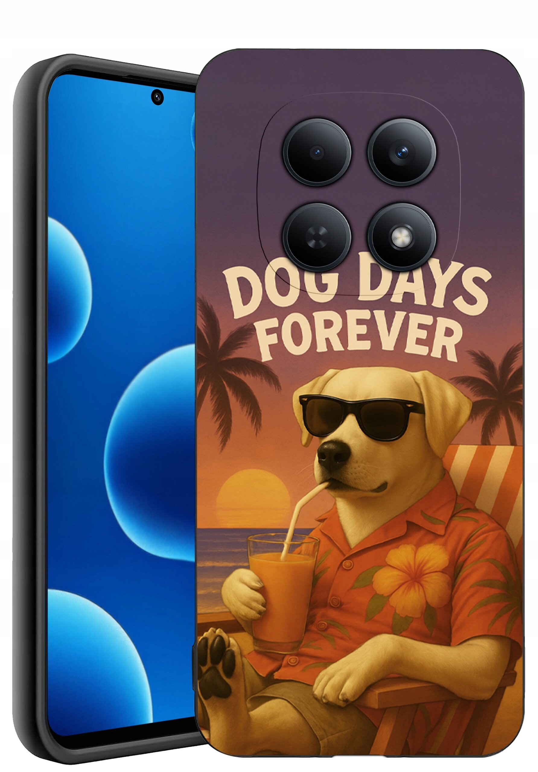 Etui na telefon z nadrukiem psa w okularach przeciwsłonecznych, siedzącego na leżaku z napojem. Na etui widnieje napis \'DOG DAYS FOREVER\'.