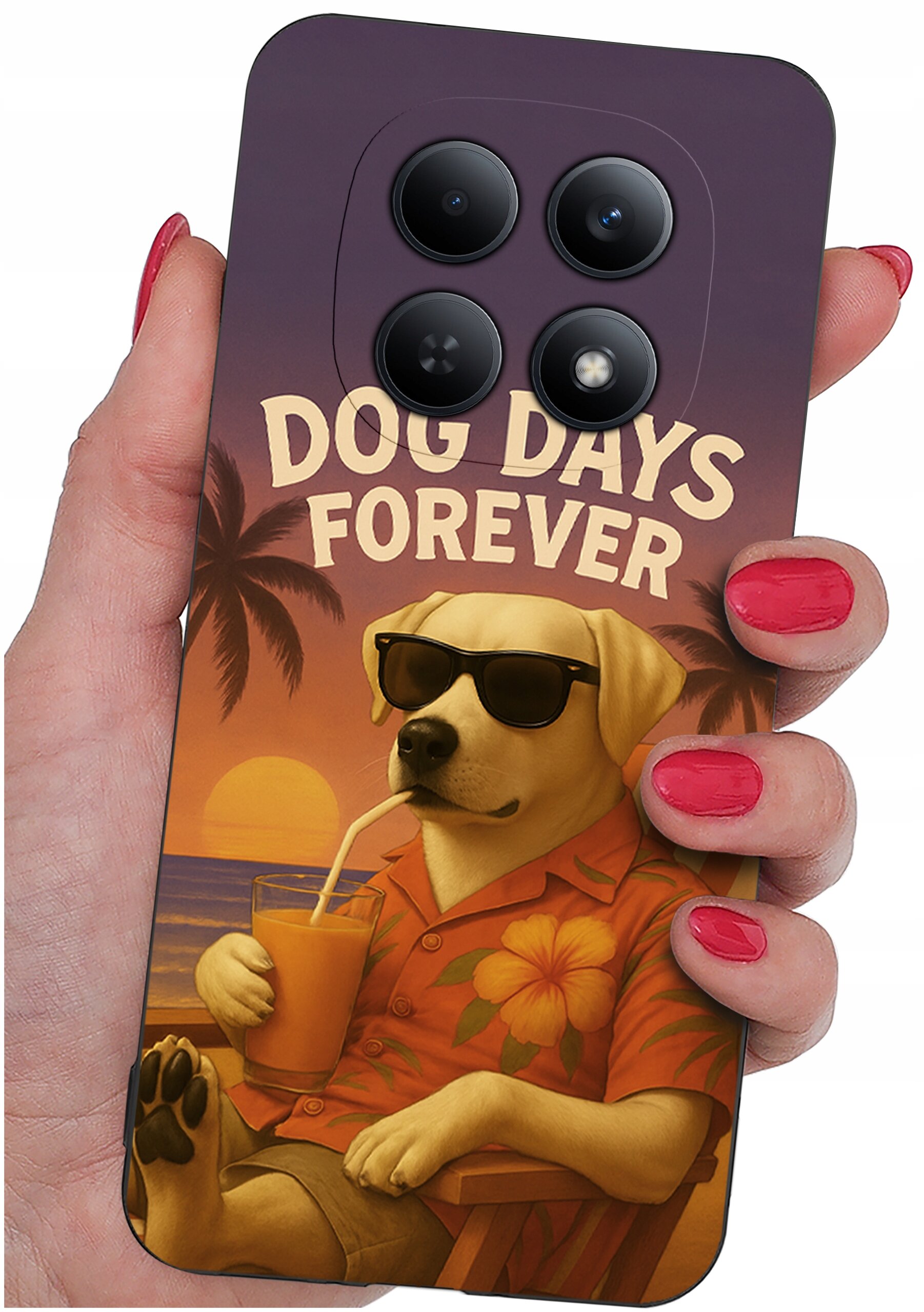 Etui na telefon z grafiką psa w okularach przeciwsłonecznych, siedzącego na plaży z drinkiem w ręku. Na etui widnieje napis \'DOG DAYS FOREVER\'.