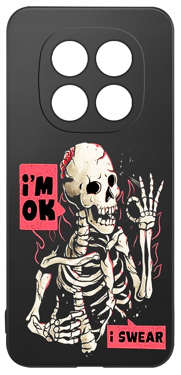 Czarne etui z nadrukiem szkieletu trzymającego rękę w geście przysięgi, z napisami \'i\'m ok\' i \'i swear\' na czerwonych tłach.