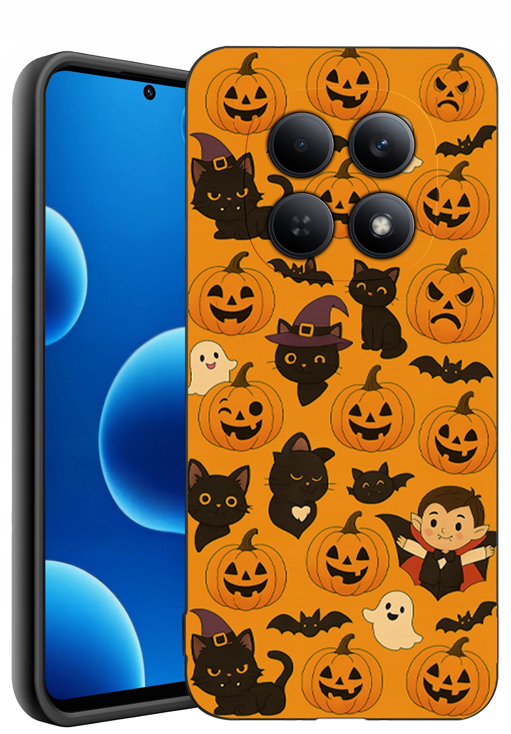 Etui na telefon z motywem Halloween, ozdobione wzorami dyni, czarnych kotów, nietoperzy, duchów i postaci wampira na pomarańczowym tle.