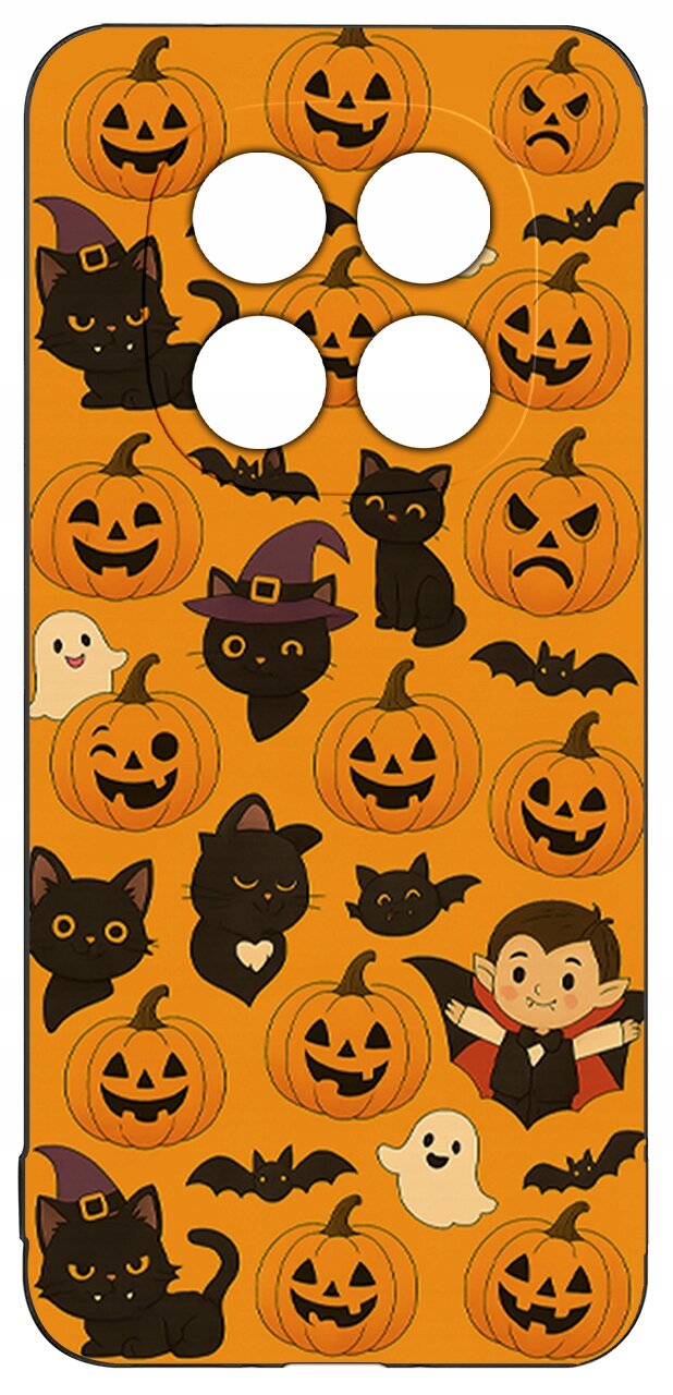 Etui na telefon z motywem Halloween, ozdobione wzorami dyni, czarnych kotów, nietoperzy, duchów i postaci wampira na pomarańczowym tle. Etui posiada cztery otwory na aparaty.