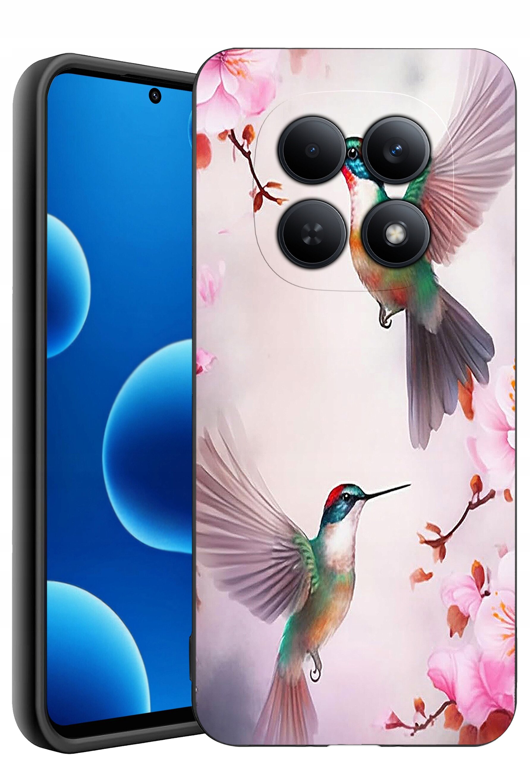 Etui na telefon z kolorowym wzorem przedstawiającym dwa kolibry wśród różowych kwiatów. Telefon ma wyświetlacz z niebieskim tłem i okrągłymi ikonami.