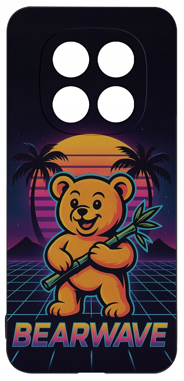 Etui z grafiką przedstawiającą uśmiechniętego misia trzymającego bambus, na tle zachodzącego słońca i palm. Na dole widnieje napis \'BEARWAVE\'.