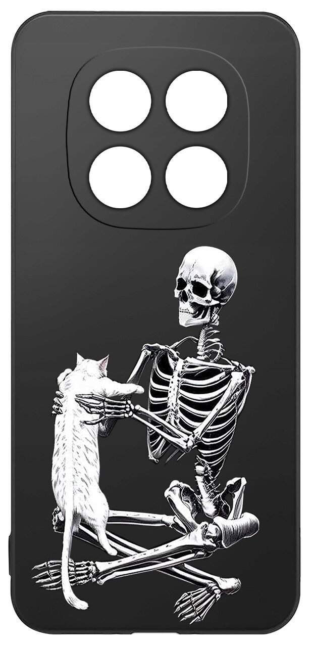 Czarne etui na telefon z nadrukiem szkieletu trzymającego białego kota. Etui posiada wycięcia na cztery obiektywy aparatu.