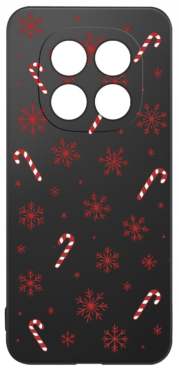 Czarne etui na telefon z czerwonymi wzorami śnieżynek i cukrowych lasek. Etui ma wycięcia na cztery obiektywy aparatu.