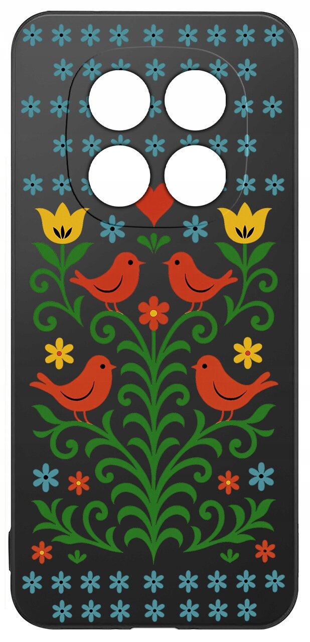 Etui na telefon z czterema otworami na aparat, ozdobione wzorem z czerwonymi ptakami, zielonymi liśćmi i kolorowymi kwiatami na czarnym tle.
