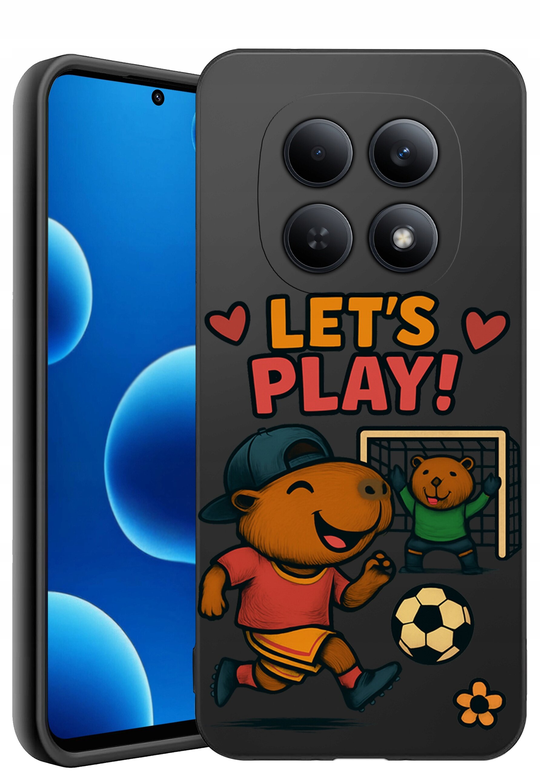 Etui na telefon z grafiką przedstawiającą zwierzęta grające w piłkę nożną oraz napisem \'LET\'S PLAY!\'.