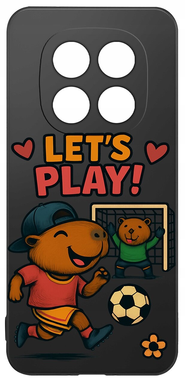 Etui na telefon z grafiką przedstawiającą dwie kapibary grające w piłkę nożną, z napisem \'LET\'S PLAY!\' oraz dwoma sercami. Tło jest ciemne, a postacie są kolorowe i uśmiechnięte.