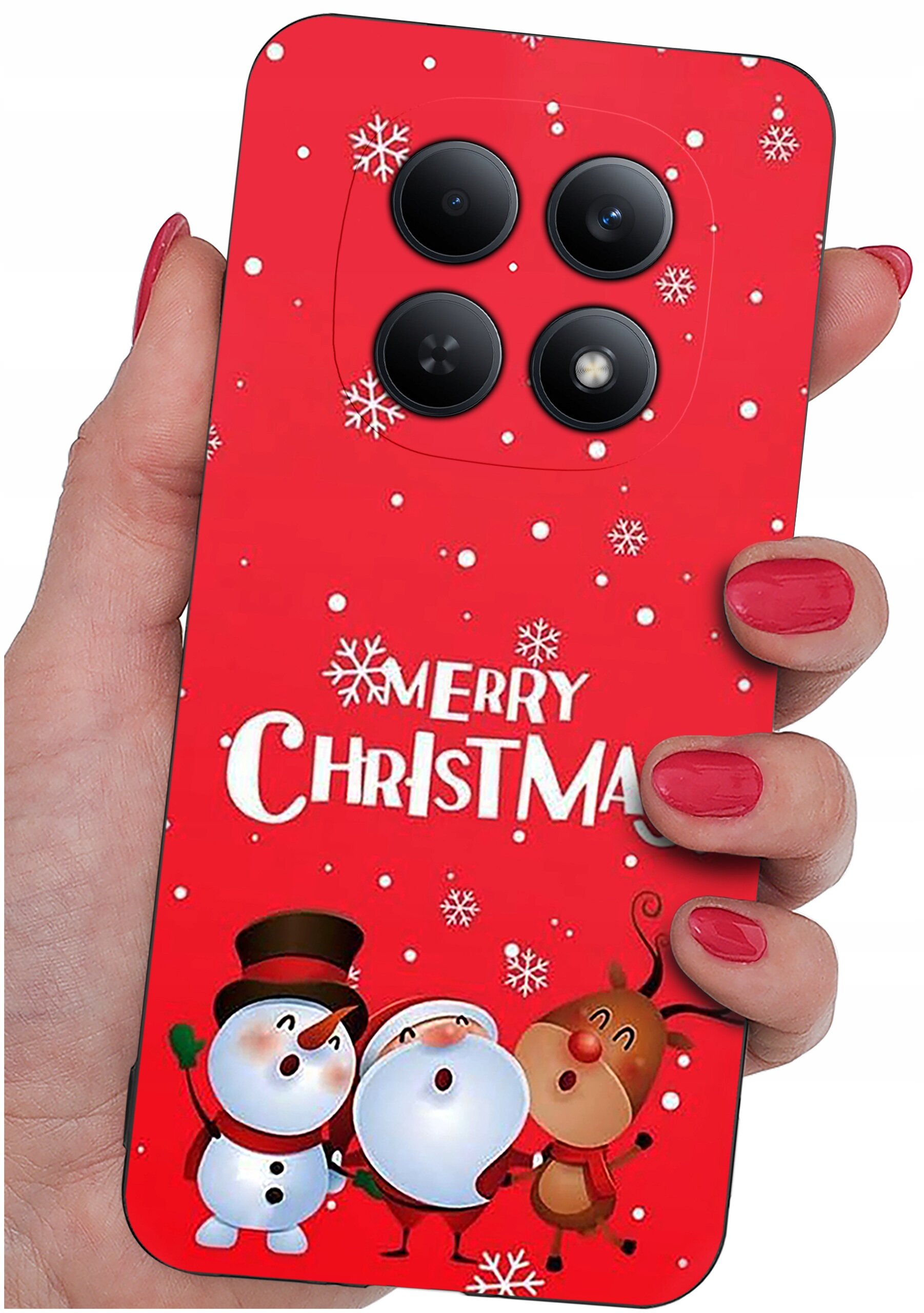 Czerwone etui z motywem świątecznym, przedstawiające bałwanki i renifera, z napisem \'Merry Christmas\'. Etui trzymane jest w dłoni z pomalowanymi na czerwono paznokciami.