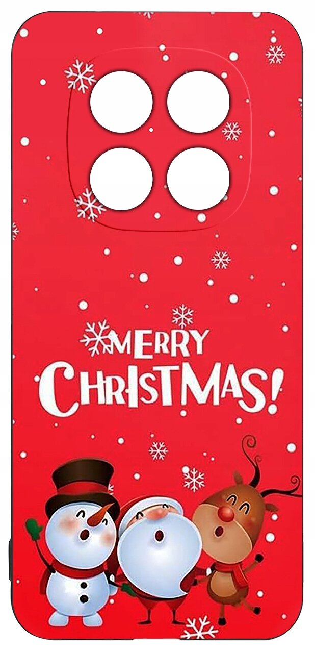 Czerwone etui z napisem \'Merry Christmas!\' ozdobione śnieżynkami i postaciami bałwanka, Mikołaja i renifera. Etui ma wycięcia na cztery obiektywy aparatu.
