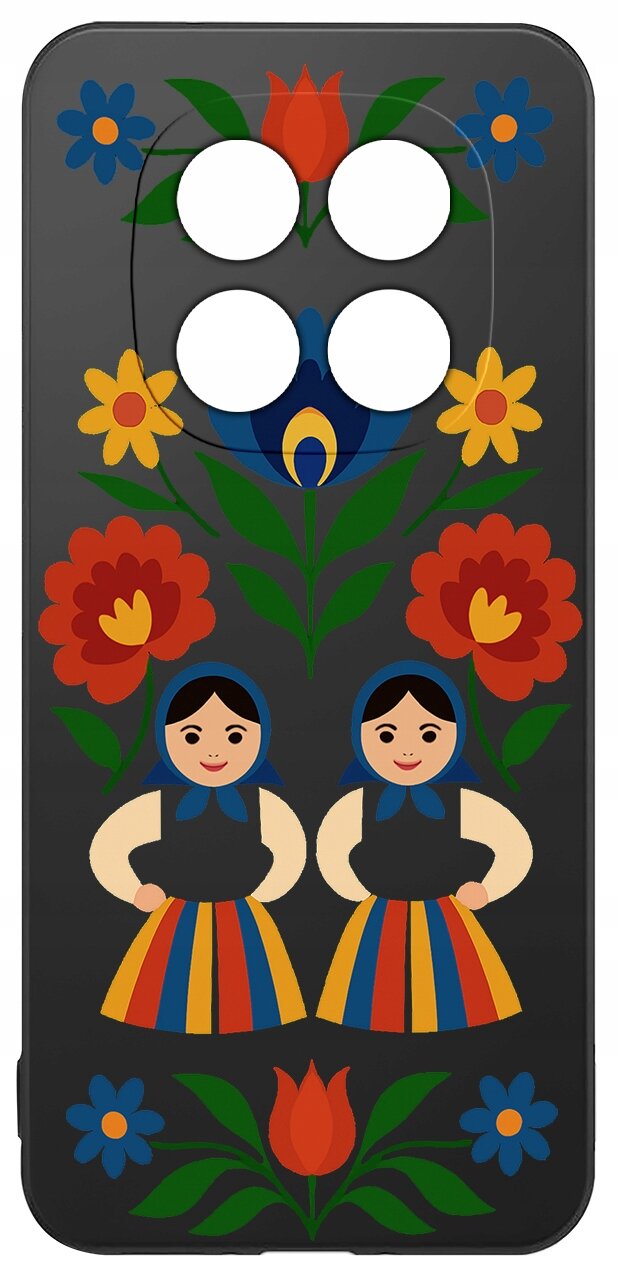 Etui na telefon z kolorowym wzorem ludowym, przedstawiającym kwiaty i dwie postacie w tradycyjnych strojach.