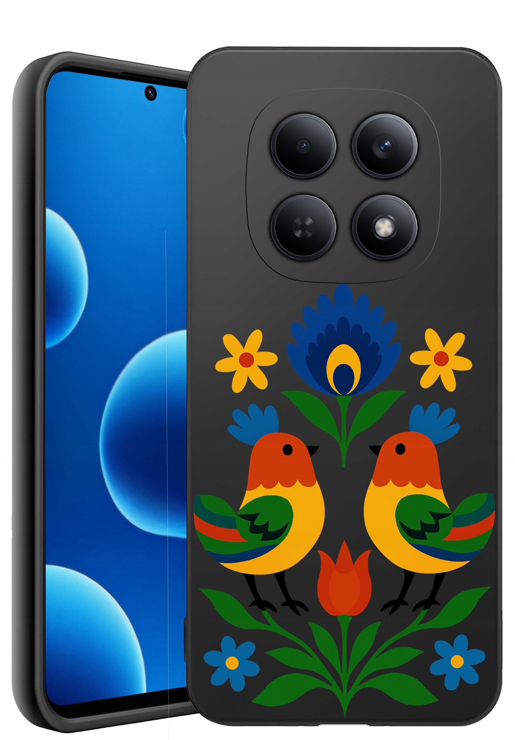 Etui na telefon z kolorowym wzorem przedstawiającym dwa ptaki otoczone kwiatami na czarnym tle. Obok widoczny jest ekran telefonu z niebieskim motywem graficznym.