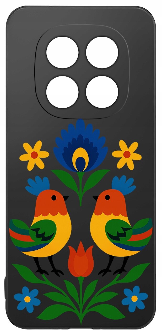 Etui na telefon z czterema otworami na aparat, ozdobione kolorowym wzorem z dwoma ptakami i kwiatami na czarnym tle.