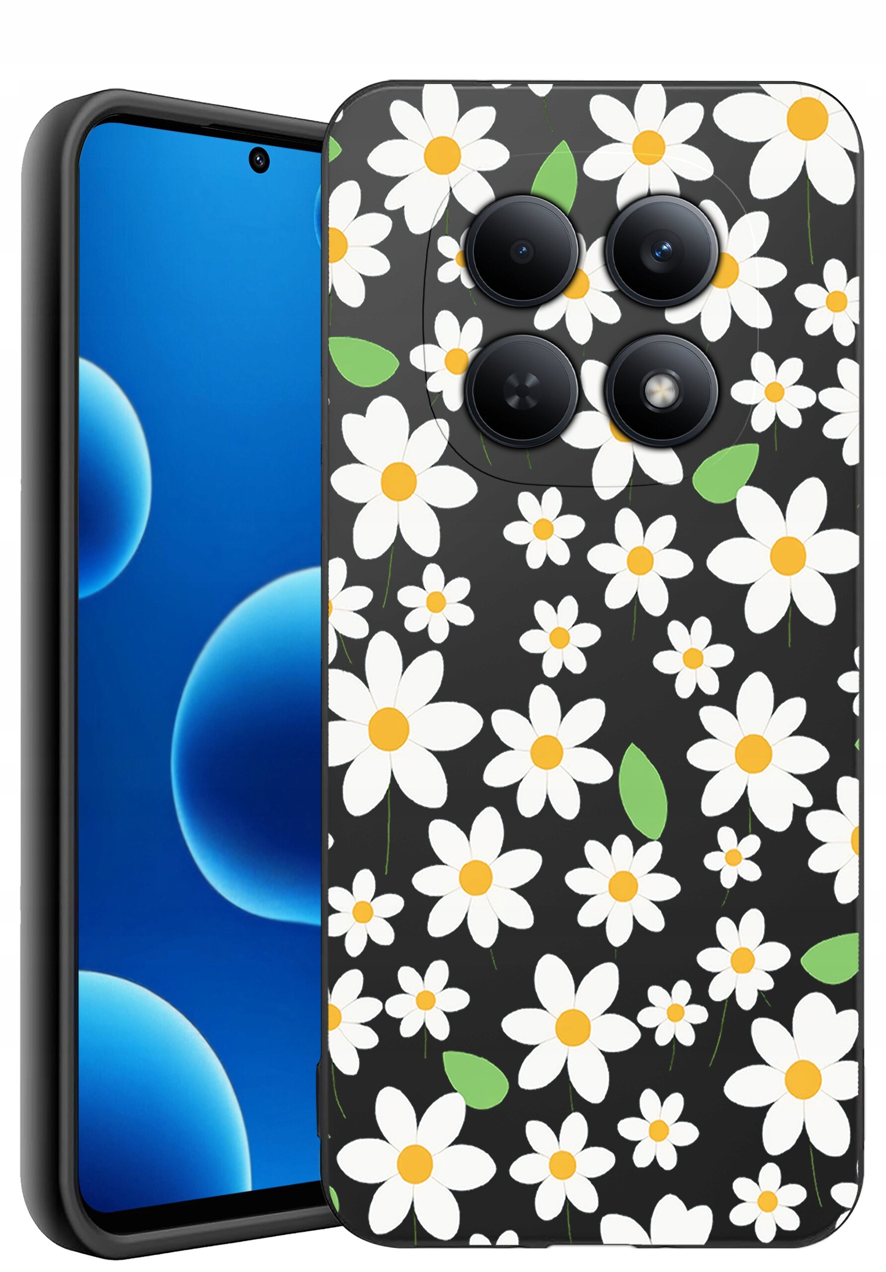 Etui na telefon z motywem białych kwiatów na czarnym tle, z wycięciami na cztery obiektywy aparatu. Obok widoczny jest ekran telefonu z niebieskim motywem graficznym.