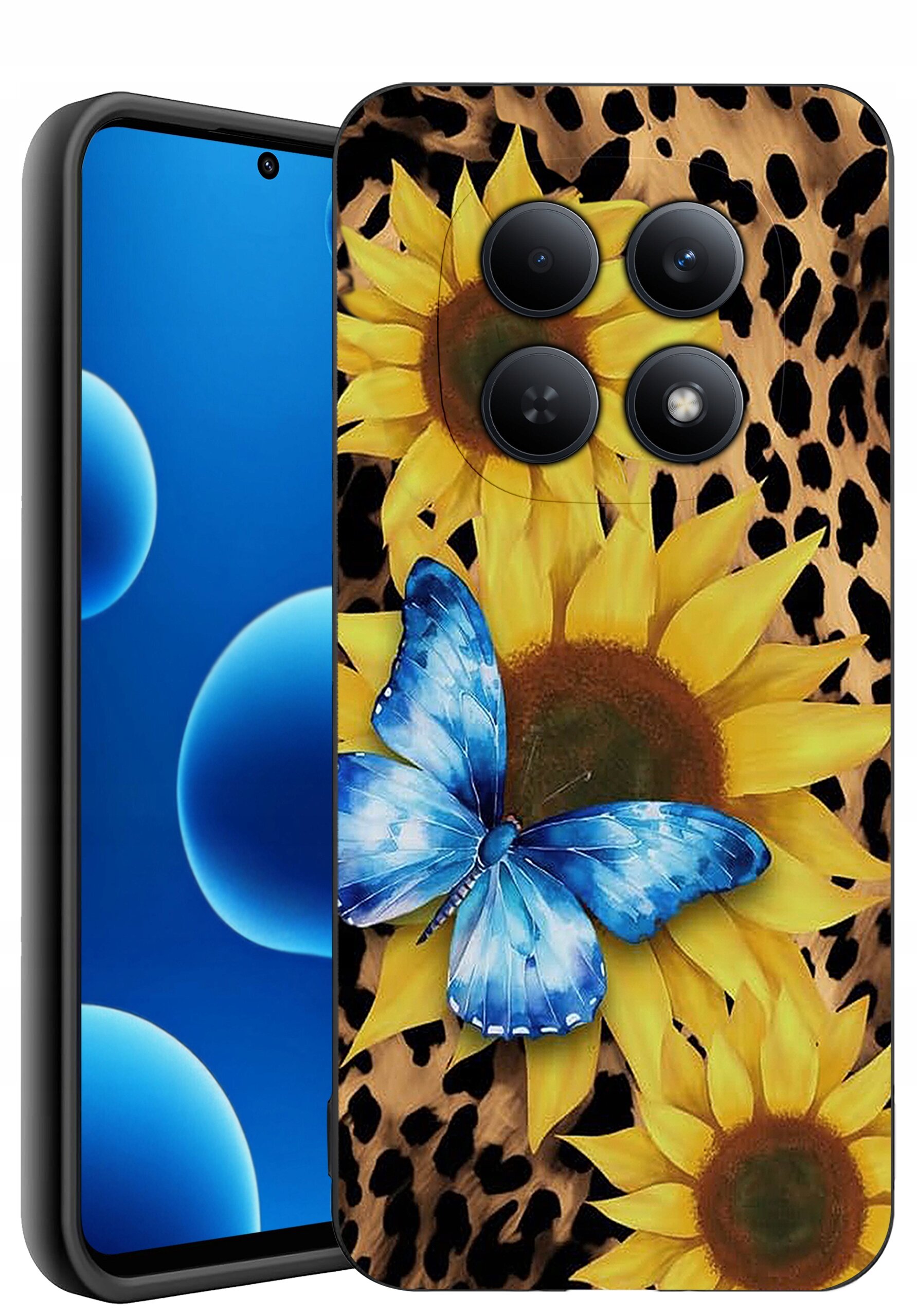Etui na telefon z motywem słoneczników i niebieskiego motyla na tle przypominającym wzór panterki. Telefon ma ekran z niebieskimi okręgami.