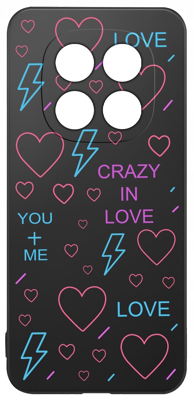 Czarne etui na telefon z kolorowymi wzorami serc, błyskawic i napisami: \'LOVE\', \'CRAZY IN LOVE\', \'YOU + ME\'.