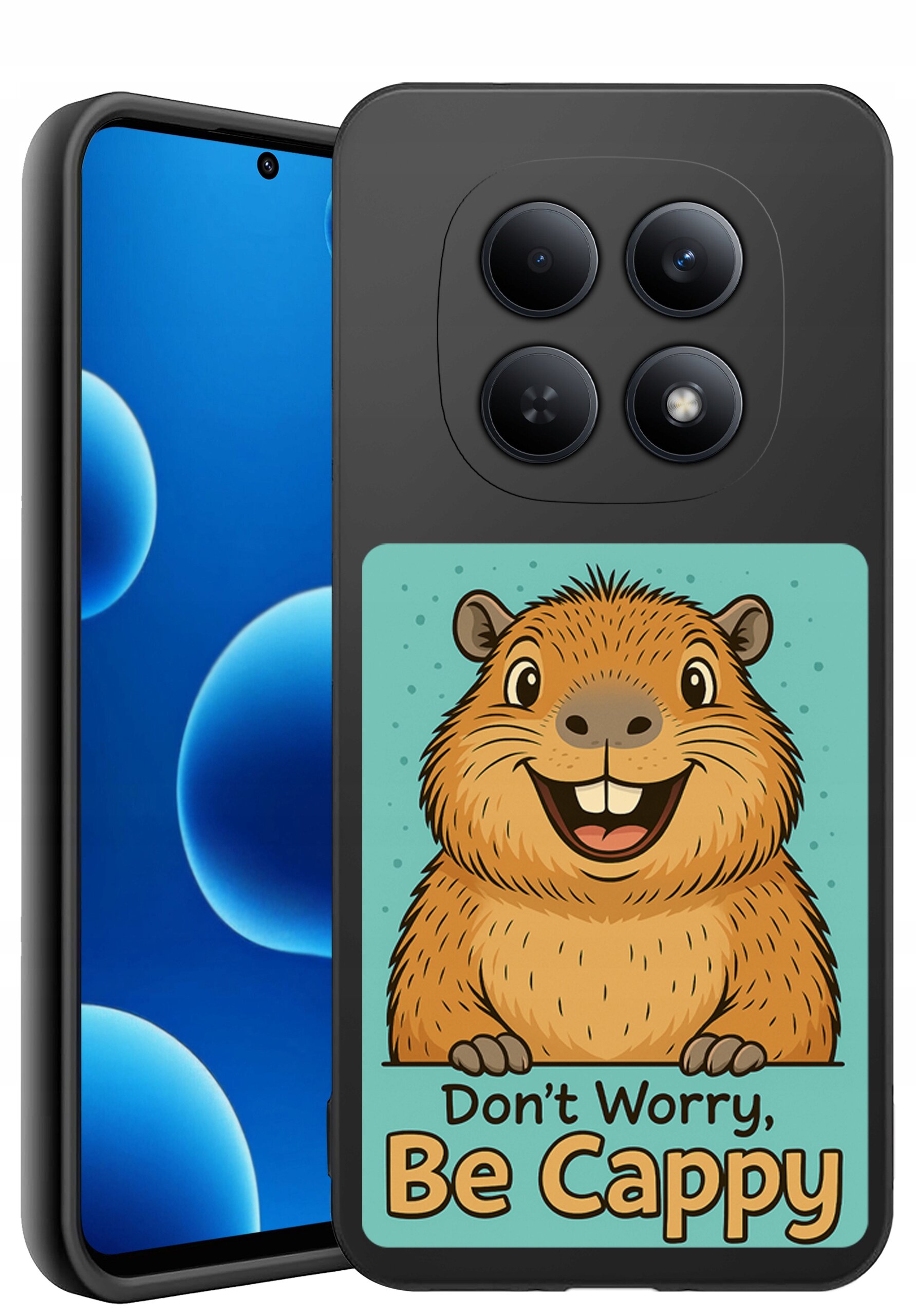 Etui na telefon z grafiką przedstawiającą uśmiechniętą kapibarę oraz tekstem \'Don\'t Worry, Be Cappy\'. Etui jest silikonowe, matowe i przeznaczone do modelu Xiaomi Redmi Note 15 4G.