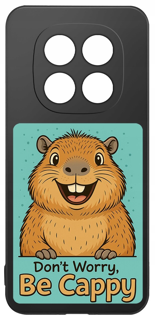 Etui na telefon z grafiką uśmiechniętej kapibary na tle turkusowym oraz napisem \'Don\'t Worry, Be Cappy\'.