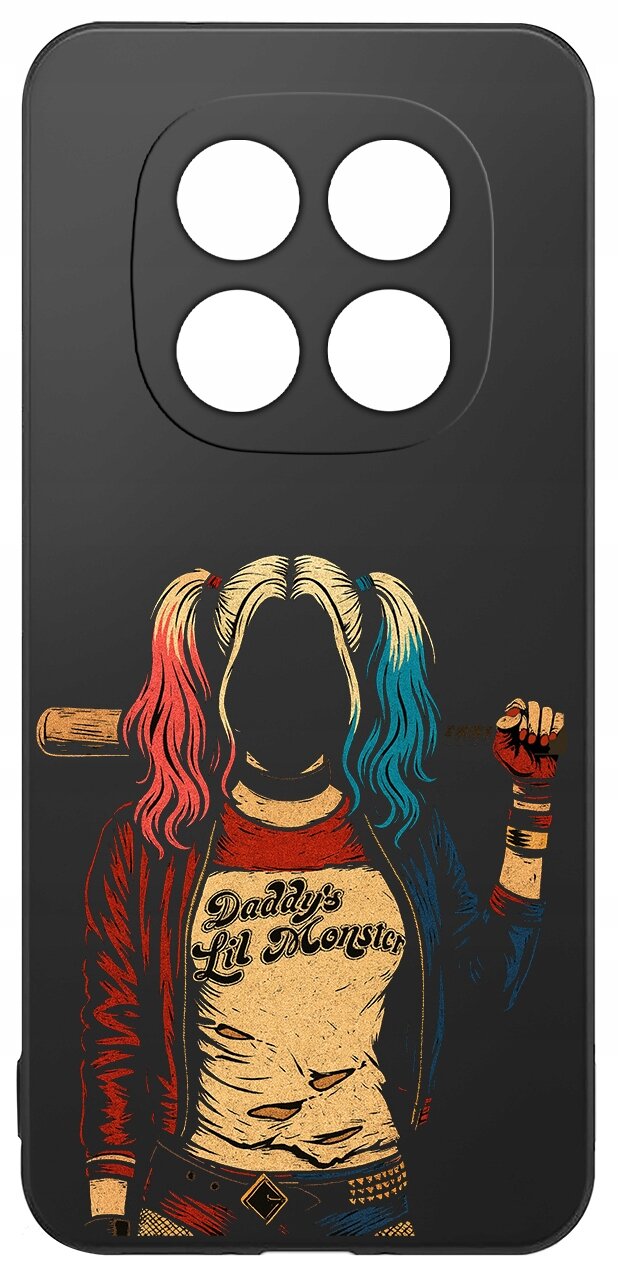 Czarne etui na telefon z grafiką postaci w kolorowej kurtce i napisem \'Daddy\'s Lil Monster\'. Postać trzyma kij baseballowy, a jej włosy są w kolorach czerwonym i niebieskim.
