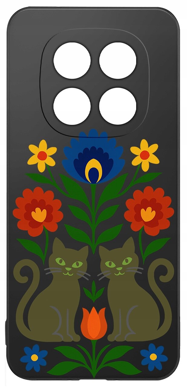 Etui na telefon z czterema otworami na aparat, ozdobione wzorem z dwoma kotami i kolorowymi kwiatami na czarnym tle.