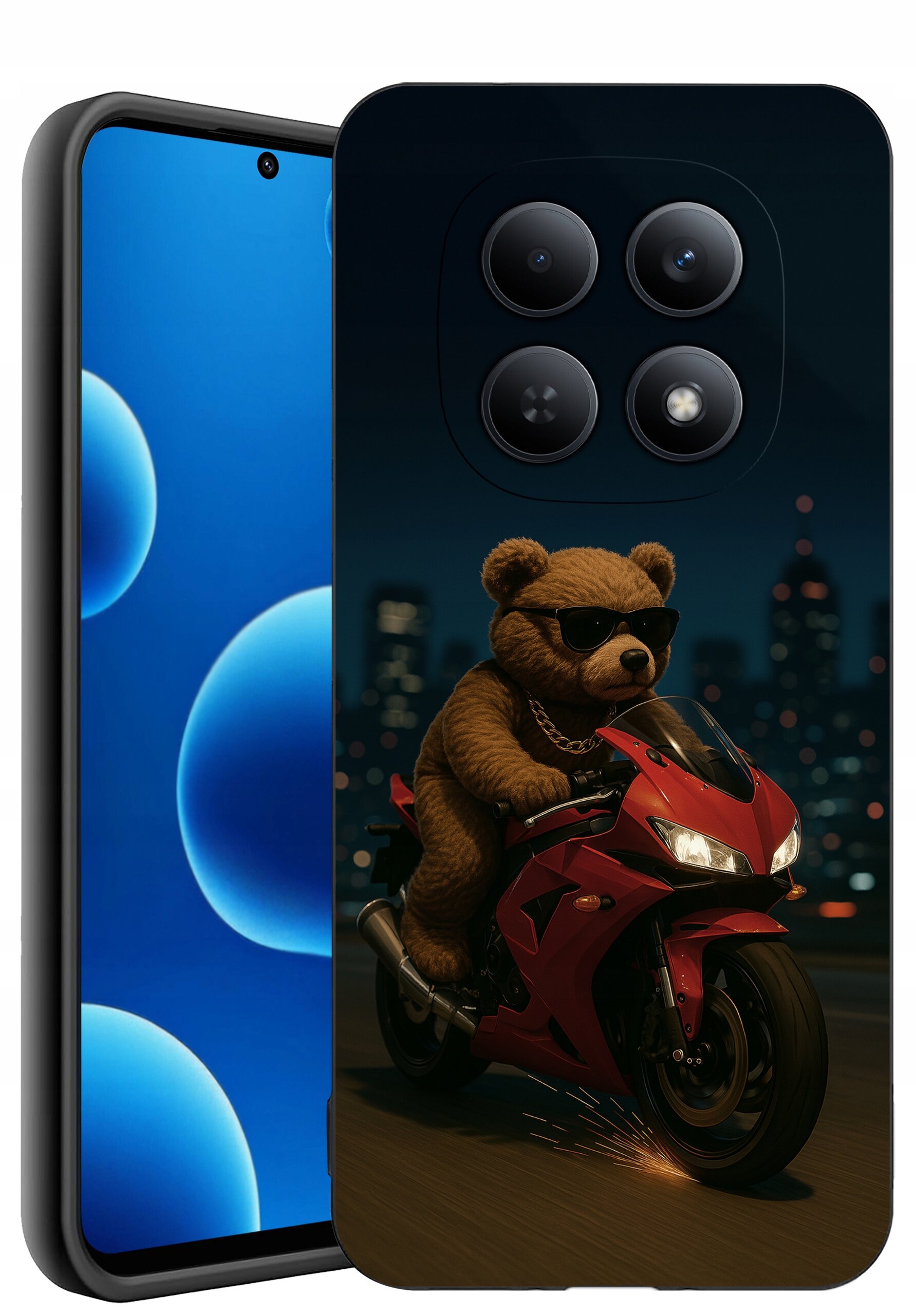 Etui na telefon z nadrukiem misia w okularach przeciwsłonecznych, jadącego na czerwonym motocyklu na tle miasta nocą. Obok widoczny jest ekran telefonu z niebieskimi okręgami na czarnym tle.